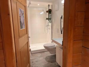 a bathroom with a toilet and a shower and a sink at Sonne in Klosters +66 photos