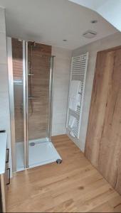 a bathroom with a shower and a wooden floor at FeWo Zenk Stublang in Bad Staffelstein +20 photos