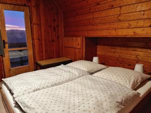 een bed in een houten kamer met een raam bij Chata v Kamenném Přívozu in Kamenný Přívoz