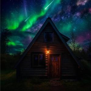 an image of a cabin with the northern lights at Refugio Holístico Flora Boreal in El Bolsón