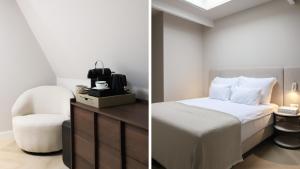 a hotel room with a bed and a chair at Dam Residence Boutique Hotel Amsterdam - Zaandam in Zaandam
