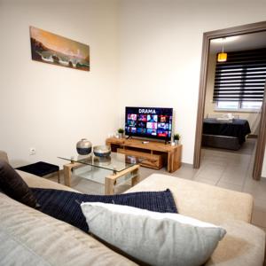 Una sala de estar con un sofá y un televisor. en Luxury Apartment on Eleutherias Sq 50m from Metro, en Pireo