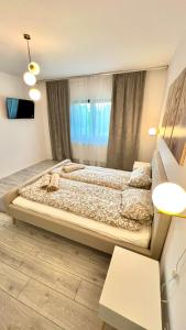 une chambre avec un grand lit et une fenêtre dans l'établissement Bálint Apartman 1, à Valea Strîmbă