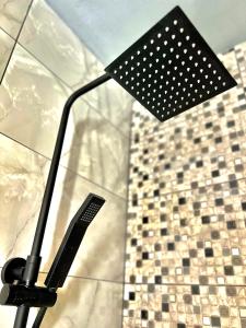 un lampadaire dans une salle de bain avec douche dans l'établissement Bálint Apartman 1, à Valea Strîmbă 7 autres photos