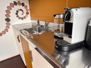 een aanrecht met een mengkraan en een spoelbak bij Pandora Cottage Beachfront in Raglan +12 foto's