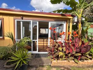een huis met glazen schuifdeuren en wat planten bij Pandora Cottage Beachfront in Raglan