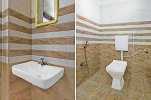 two pictures of a bathroom with a sink and a toilet at Super Townhouse Oak Bachupally Medical College Formerly SV Hotels in Lingampalli