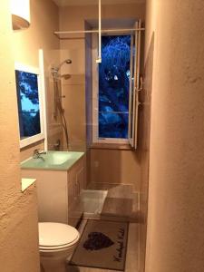 a bathroom with a toilet and a sink and a window at Gîte Studio Les Cigales piscine & WIFI in Narbonne +4 photos