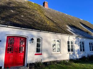 a white house with a red door and a grass roof at BeBaBopS Homestay Sønderborg in Sønderborg