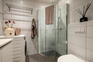 Midtbyen Apartment في تروندهايم: حمام مع دش زجاجي ومرحاض +28 صورة