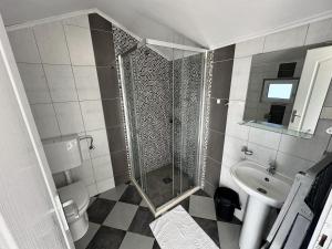 a bathroom with a shower and a toilet and a sink at Apartmani Zaliv in Tivat +94 photos