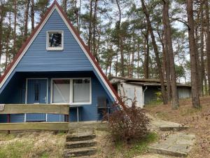 una casa blu nel bosco con una finestra di Finn-Ida a Zinnowitz