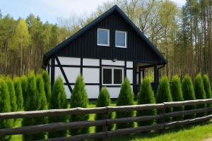 Kaszëbsko Nórcëk 8-10 osób 4 sypialnie jezioro las park linowy łowisko wędkarskie في Załakowo: كوخ أبيض وأسود محاط بسياج