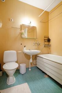 a bathroom with a toilet and a sink and a tub at Cozy Studio, Free Parking By Lapland Host in Rovaniemi +6 photos