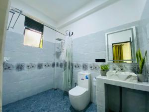 a bathroom with a toilet and a sink and a mirror at Sea Path Villa - Dikwella in Dickwella +26 photos