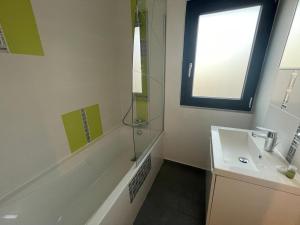 a bathroom with a shower and a sink at Hôtel les Coulisses in Forbach