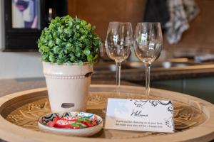 a table with two wine glasses and a potted plant at SUMMER PLACE in Harrismith +12 photos