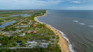 Pousada e camping Filó Caraíva في بورتو سيغورو: منظر جوي للشاطئ والمحيط