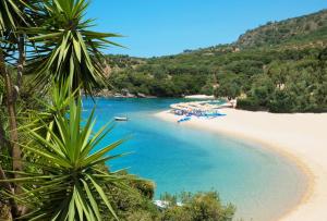 a beach with a bunch of boats in the water at Sivota Senses - Villa Loukas in Sivota