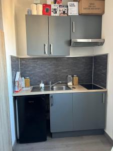 eine kleine Küche mit einer Spüle und einer Theke in der Unterkunft Gîte Studio Les Oliviers in Narbonne