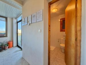 baño con aseo y puerta con ventana en Casa Rural Bardenas Park, en Carcastillo