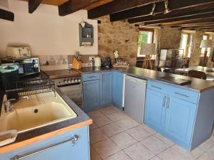 a large kitchen with blue cabinets and a sink at Le Cosy - Domaine du Vertendre in Saint-Yrieix-la-Perche