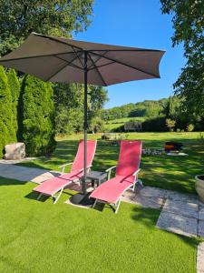een groep stoelen onder een parasol bij Le Cosy - Domaine du Vertendre in Saint-Yrieix-la-Perche