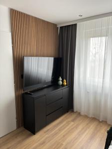 een woonkamer met een flatscreen-tv op een dressoir bij Apartmány Zlatý Potok in Zvolen