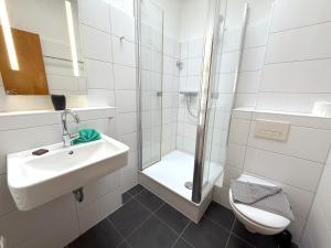 a bathroom with a shower and a sink and a toilet at Haus Solymar, Whg 44 in Grömitz