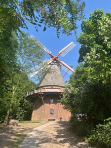 a windmill on a hill with a blue sky at Wohnung an der Mühle in Eystrup +5 photos