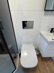 a bathroom with a white toilet and a sink at Leśna Balia - Domek z balią na wyłączność in Stogniewice +35 photos