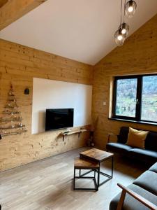 Chalet muguet & Jaccuzi privatif في Rochesson: غرفة معيشة مع جدران خشبية ومدفأة