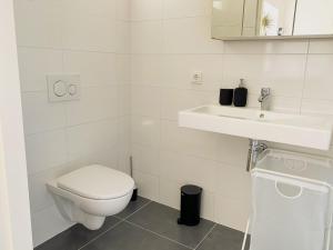 een witte badkamer met een toilet en een wastafel bij Modern Apartment 2 in Historic Abbey in Bemelen