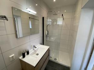 ein Badezimmer mit Waschbecken und Dusche in der Unterkunft Modern Studio 3 in Historic Abbey in Bemelen