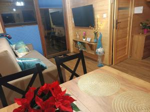 a living room with a couch and a table at Domki Bursztyn in Święta Katarzyna