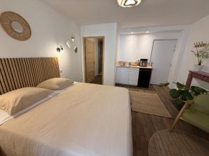 a bedroom with a large white bed and a kitchen at Suite 3- La Petite Auberge in Langres