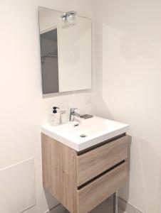 Un baño con un lavabo blanco y un espejo. en Le Nid des piétons - Hyper Centre, en Valence