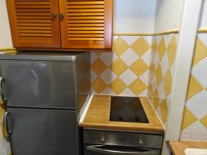 a small kitchen with a stainless steel refrigerator at Appartement Peyragudes les Agudes in Gouaux-de-Larboust