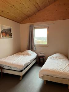 Dos camas en una habitación con ventana. en Le Saint-Germain - Maison en bois en pleine nature, en Saint-Germain-Chassenay 7 fotos más