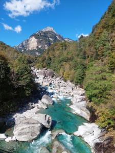 a river with rocks and a mountain in the background at Casa Mönä in Corippo