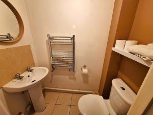 a small bathroom with a toilet and a sink at Modern home close to amenities and transport links in Wymondham +6 photos