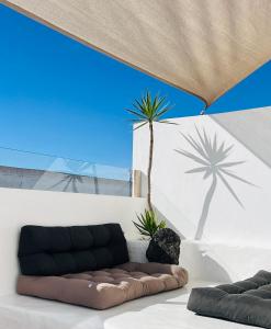 l'ombra di una palma su un muro bianco con un divano di Refugio de Luz y Tranquilidad en Nazaret a Nazaret