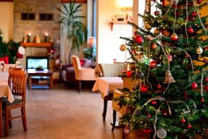 a christmas tree in a living room with a fireplace at Natura Family Resort in Avrig
