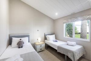 two beds in a bedroom with a teddy bear sitting on the bed at Lodge 15 at Landscove Holiday Park in Brixham +28 photos