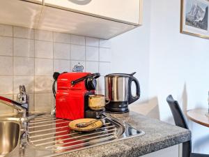a kitchen counter with a red appliance on a stove at Apartment Chalet am Reeti by Interhome in Grindelwald +26 photos