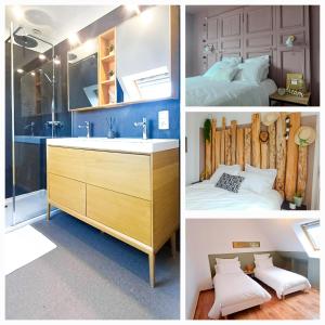 nid'Opale maison cosy à 3 minutes des plages في ويميريوكس: حمام وغرفة نوم مع حوض وسرير