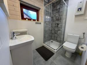 a bathroom with a shower and a toilet and a sink at Domek na górce in Duszniki Zdrój +34 photos