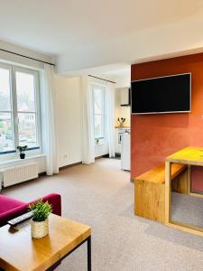 ein Wohnzimmer mit Sofa und Fernseher in der Unterkunft Eichen Apartment- 4 Personen- Balkon- Parkplatz- Waschmaschine in Wolfsburg