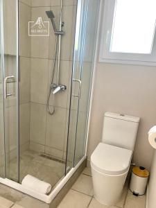 Villa Le Coin - T2 moderne climatisé avec Wi-Fi في Midlands Station: حمام مزود بمرحاض ودش زجاجي