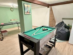 a room with a ping pong table with a pool cue at Das kleine Vulkanhaus in Daun